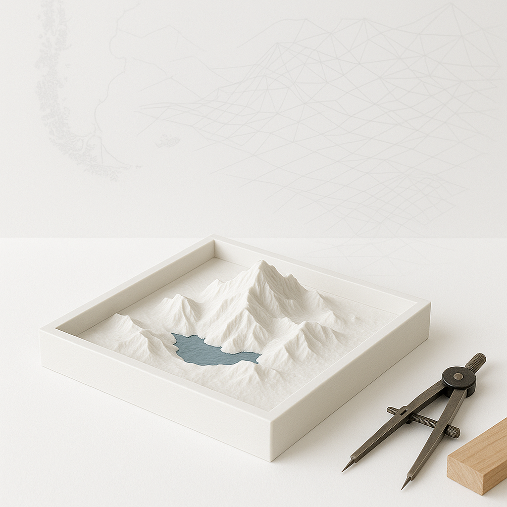 Aulken - Diseño topográfico inspirado en la Patagonia Modelo topográfico en 3D de Montañas y lago de la Patagonia, enmarcado en blanco sobre superficie minimalista acompañado de un compás y un bloque de madera